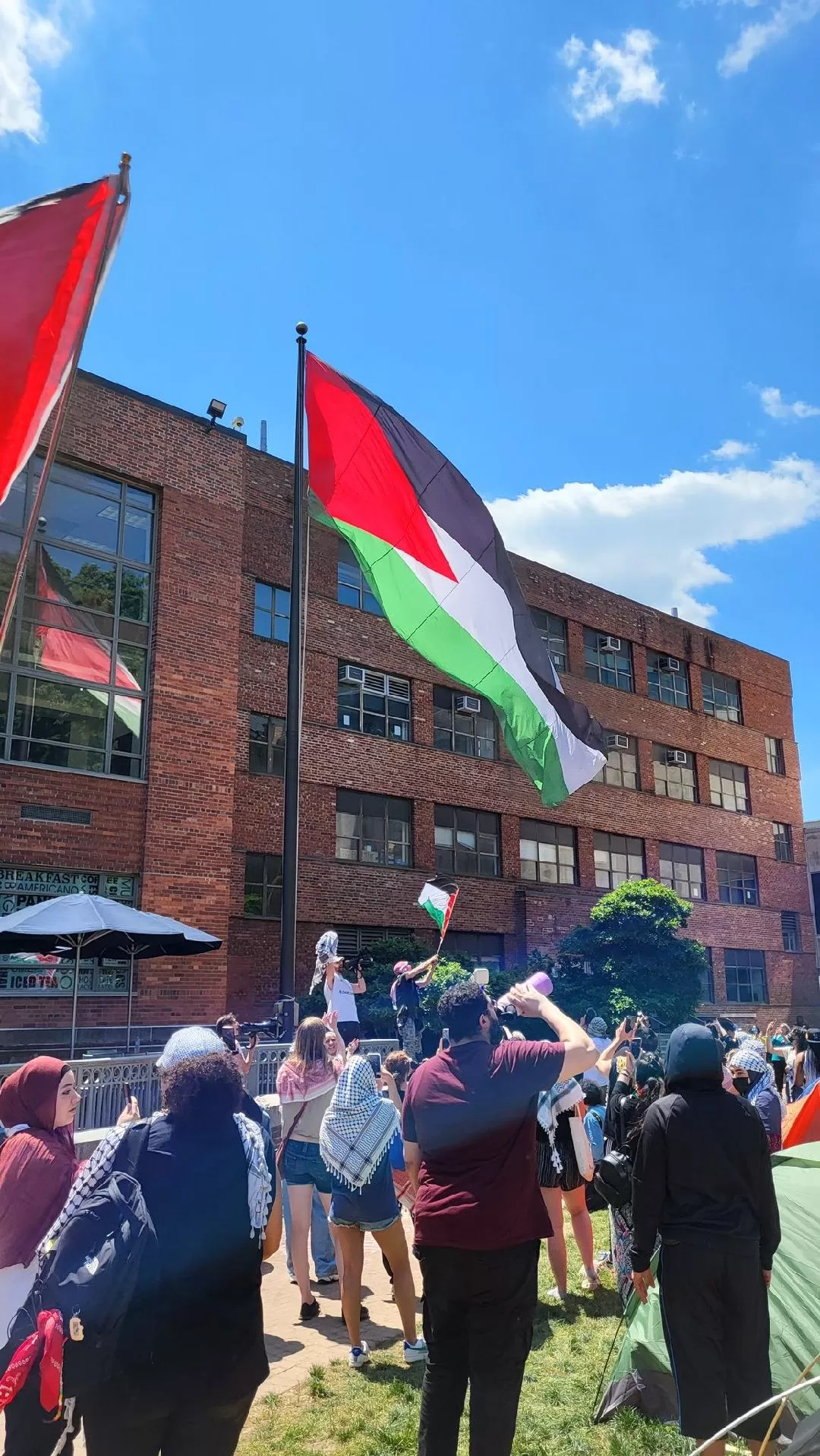 طلاب في جامعة جورج واشنطن يرفعون علمًا فلسطينيًا كبيرًا.